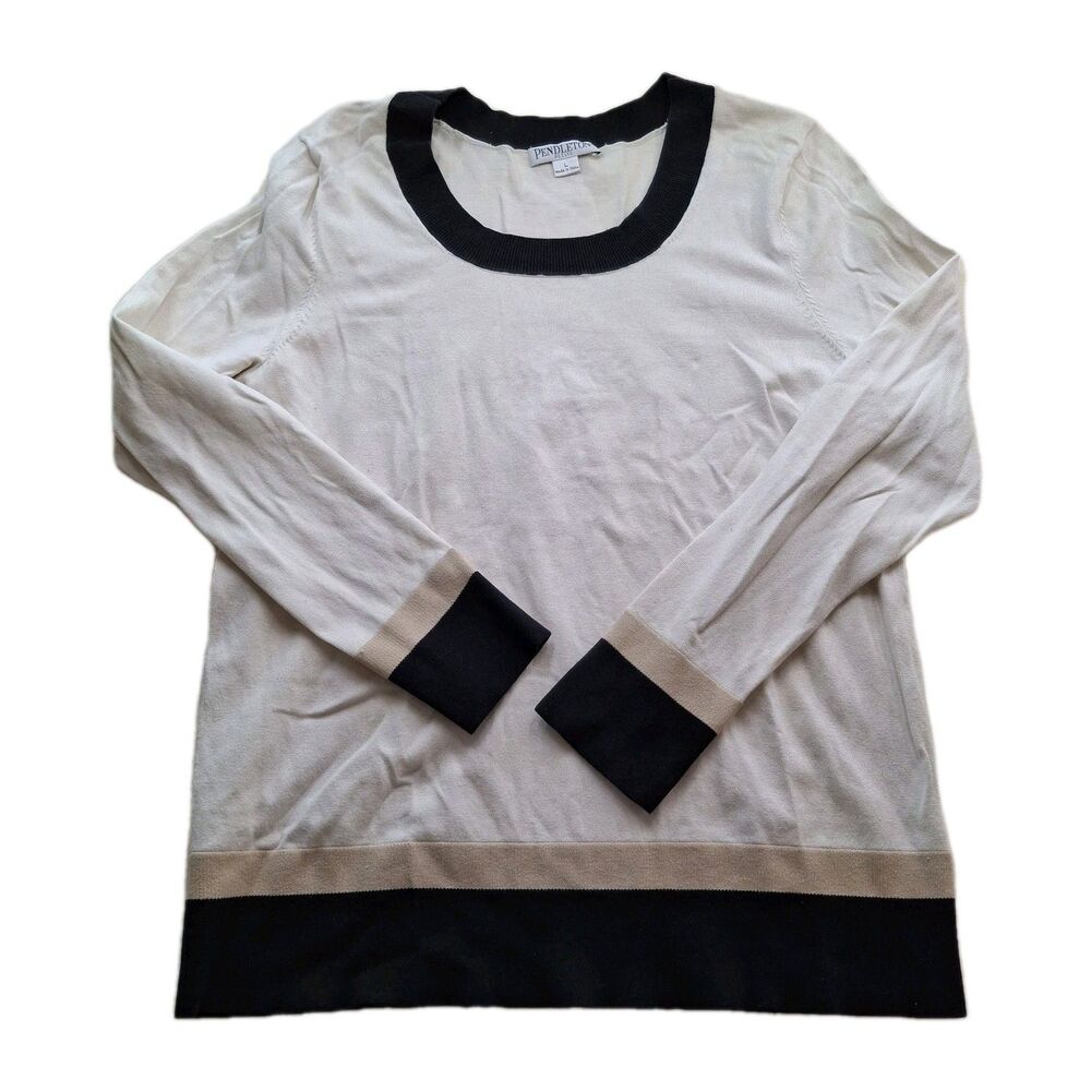 Pendleton Silk Blend Sweater Cream Black Tan Long Sleeve Women Size Large Petite